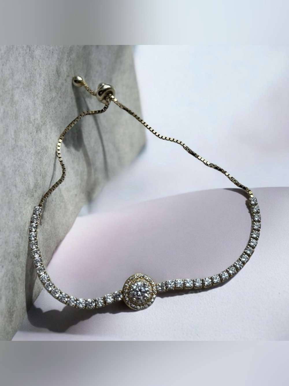 925 Sterling Silver Gold and White CZ Halo Adjustable Bracelet